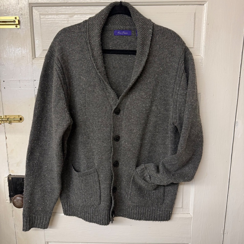 Alan Flusser Mens Gray‎ Shawl Collar Cardigan Sweater Wool Blend Large Pocketed
